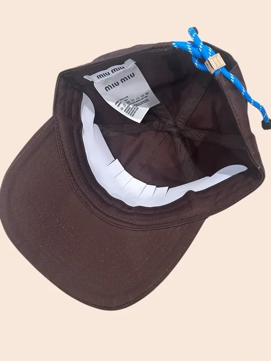 Miu Miu Chocolate Brown Logo Cap with Blue Cord Detail - Picture 3 of 4